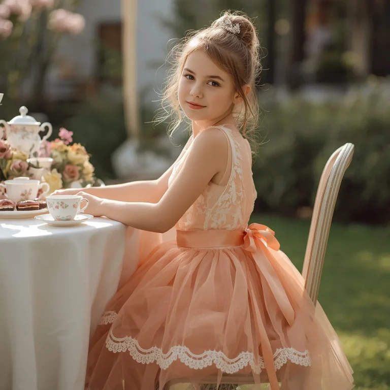 Beautiful Girl In Peach Organza Party Dress At High Tea | Sweet Girl Elegantly