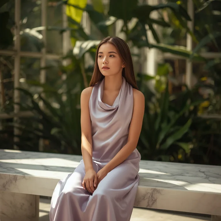 Beautiful Girl in Soft Lavender Silk Gown | Serene Elegant Portrait