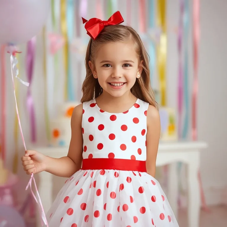Little Girl’s Charming Polka Dot Dress for a Birthday Celebration | retro style prompt for Gemini girl