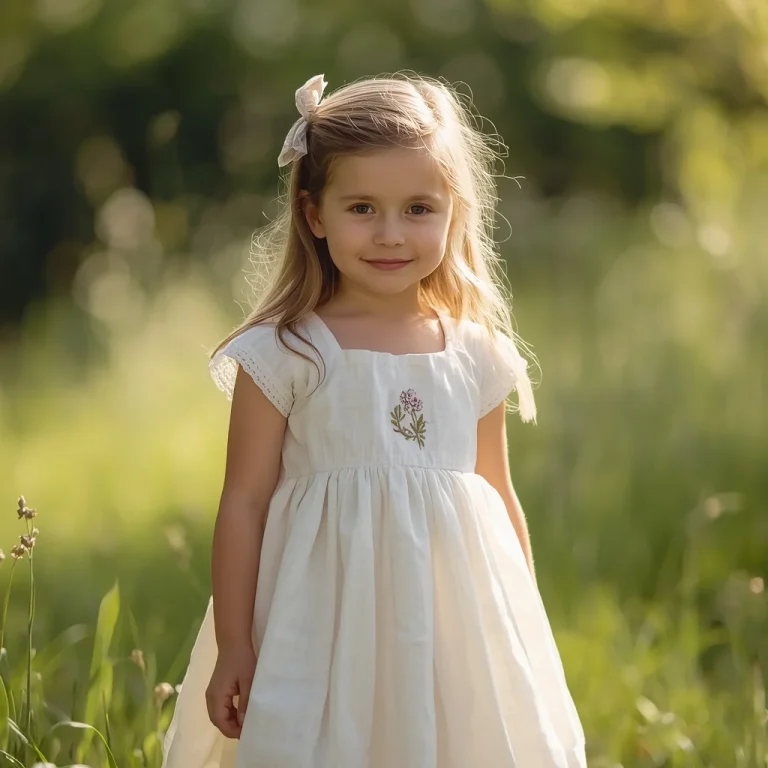 Little Girl’s Sweet Embroidered Linen Dress for a Family Portrait | prompt for girls college ai photo editing