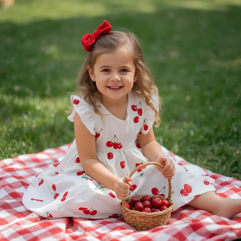 Little Girl’s Sweet Summer Dress with Cherry Print for a Picnic | prompt for chatgpt for girl