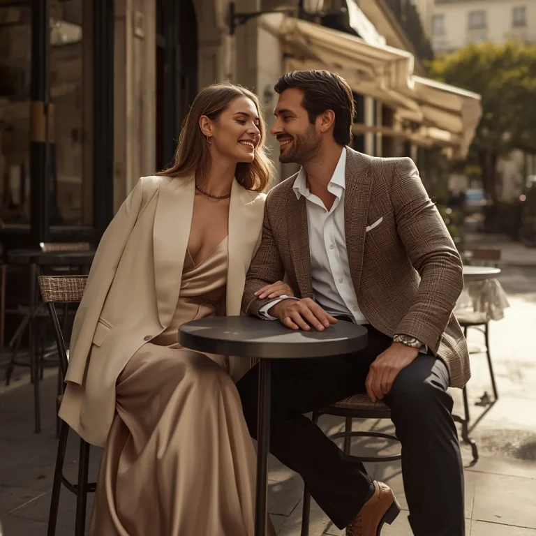 Modern Couple In Chic Tweed Blazer And Satin Gown Design | Prompt seen couple hug