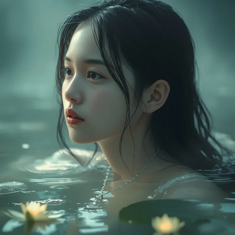 Mystical Riverine: A Beautiful Girl Emerging from Misty Waters with Glowing Lilies | Girl Kurti Prompt