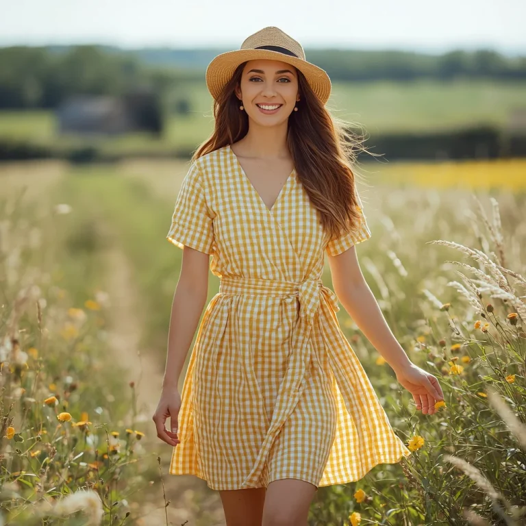 Playful Gingham Wrap Dress: A Sunny Day in the Countryside | High-resolution Ultra-realistic Woman