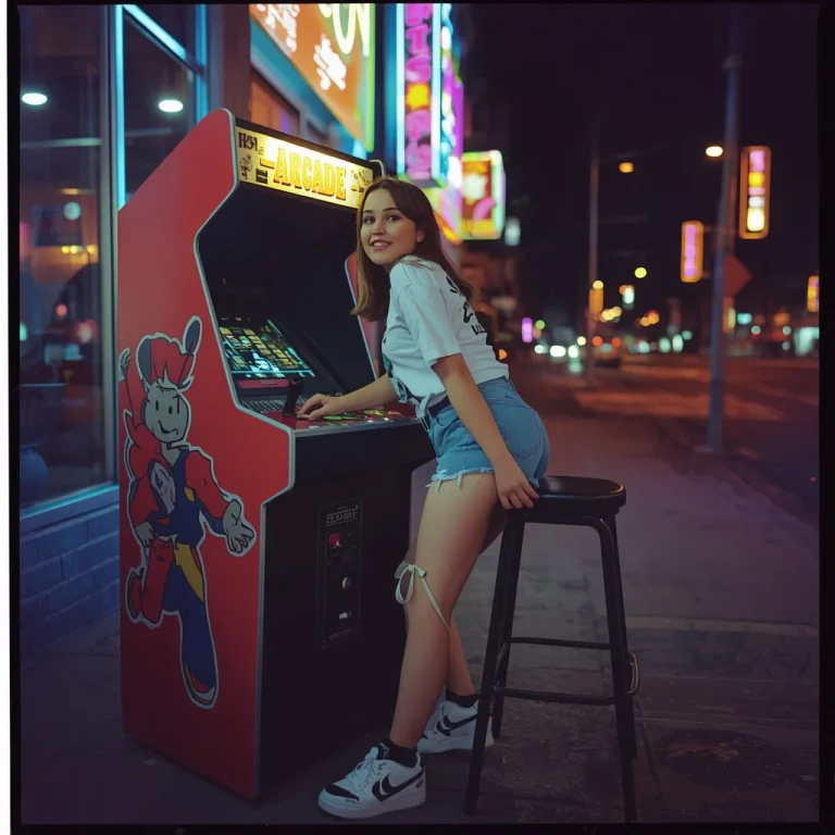 Retro Game Night: A Cute Girl and Her Arcade Machine in a Neon-Lit City | Girl Prompt