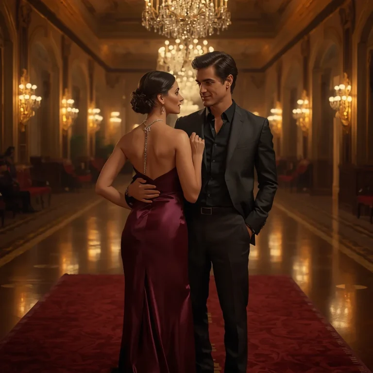 Romantic Couple In Elegant Outfits Vintage Theater Lobby | Cinematic Couple Prompt