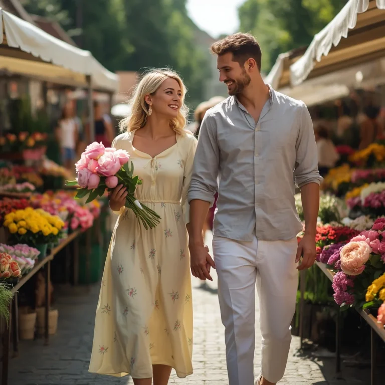 Romantic Couple In Elegant Pastel Outfits At Flower Market | Prompt seen couple Instagram