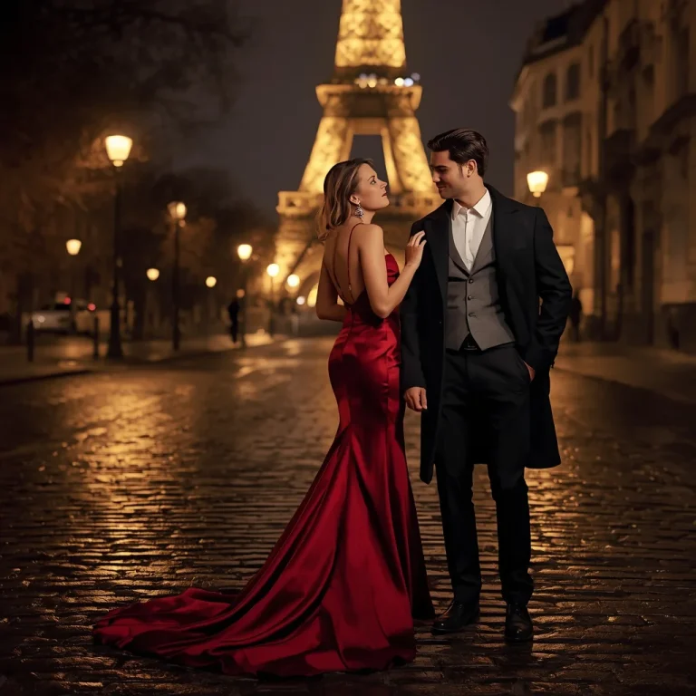 Romantic Couple In Sophisticated Outfits Rainy Paris Street | Married Couple Prompt