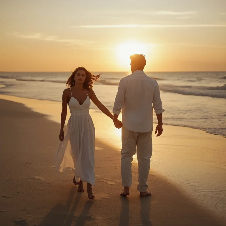 Romantic Sunset Beach Portrait Of A Couple In White | Couple romantic prompt for Gemini AI