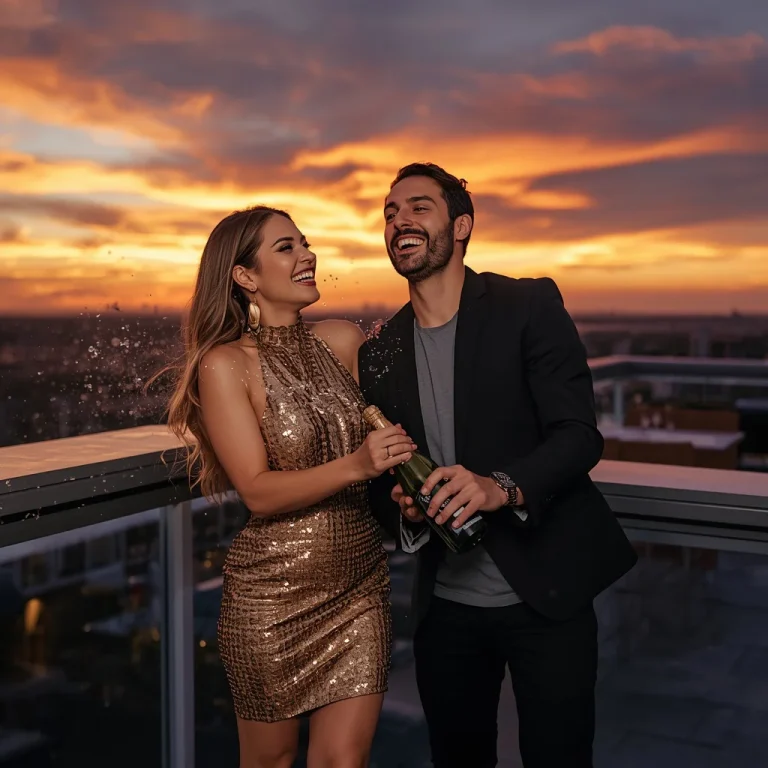 Rooftop Bar Couple Celebrating With Champagne Sunset | Stylish Glamorous Romantic