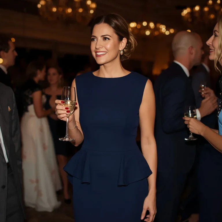 Sophisticated Navy Blue Pencil Dress with Peplum Detail | Editing Prompt girl Aesthetic