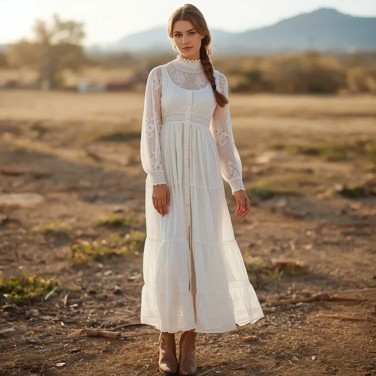 Western Belle: A Flowy White Lace Prairie Dress | Picturesque Full-body Young