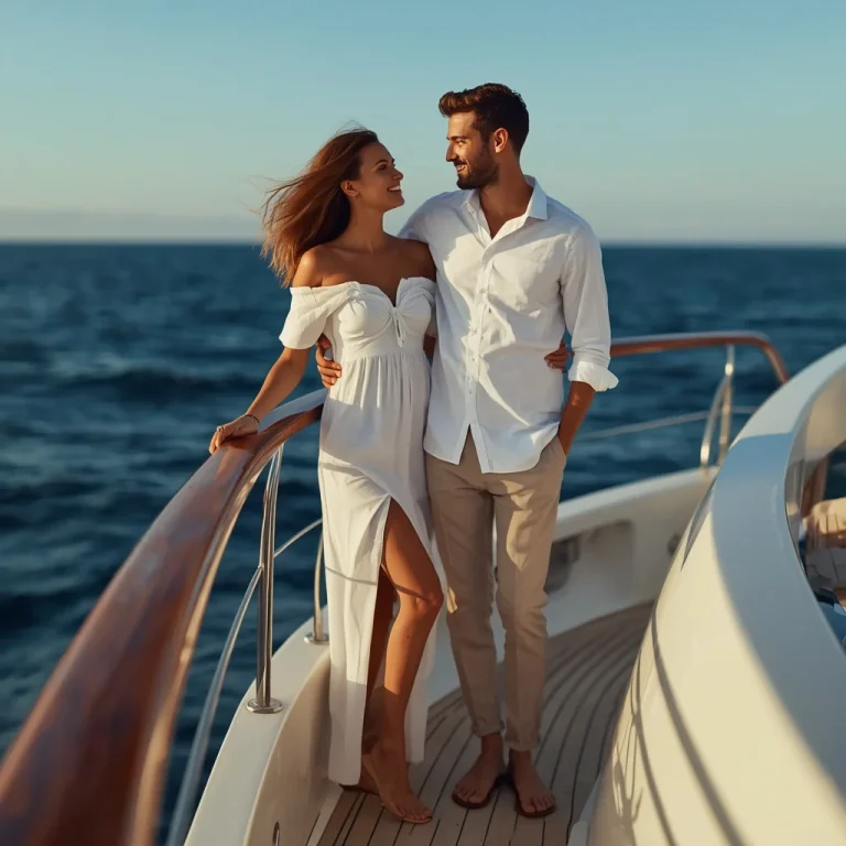 Yacht Party Couple In Breezy White Linen | Romantic Couple Captured